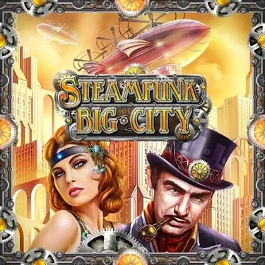 Steampunk Big City slot featuring retro-futuristic characters and airship