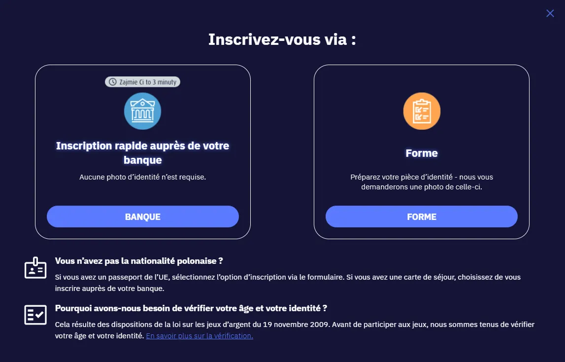 TotalCasino registration screen in French offering bank or ID verification options for account signup